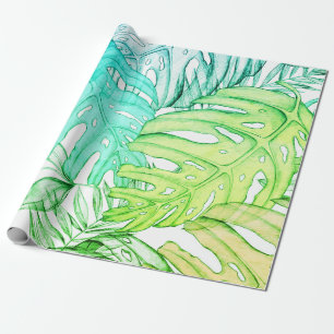 Papier Cadeau Pastel monstera feuille de palmier aquarelle tropi