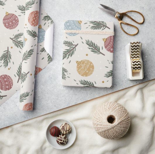 Papier Cadeau Pastel Pine Holly Ornements Noël (Artisanat)