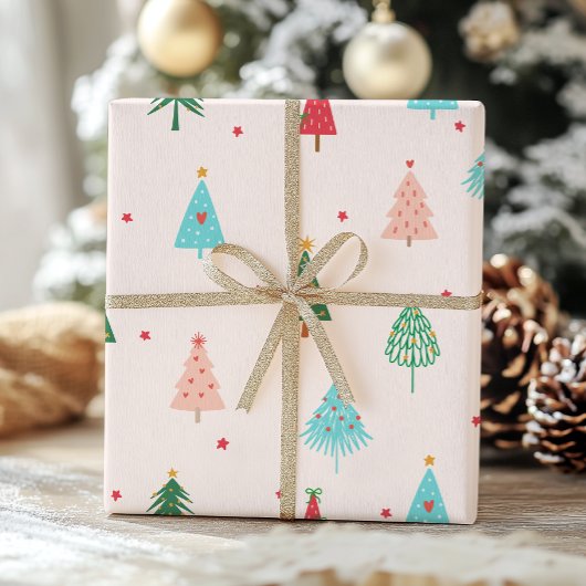 Papier Cadeau Pastel Pink Christmas Trees Whimsical Holiday