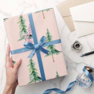 Papier Cadeau Pastel Pink Green Aquarelle Pine Tree Noël