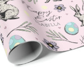 Papier Cadeau Pastel Pink Joyeux Bunnies Pâques (Coin rond)