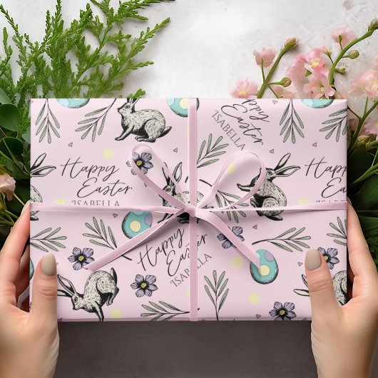 Papier Cadeau Pastel Pink Joyeux Bunnies Pâques