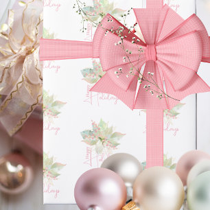 Papier Cadeau Pastel Poinsettia Joyeuses Vacances Pink Gold Sage