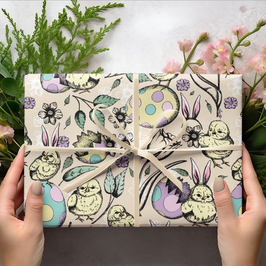 Papier Cadeau Pastel Poussins de Pâques & Oreilles de lapin, Oeu