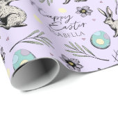 Papier Cadeau Pastel Purple Joyeux Bunnies Pâques (Coin rond)