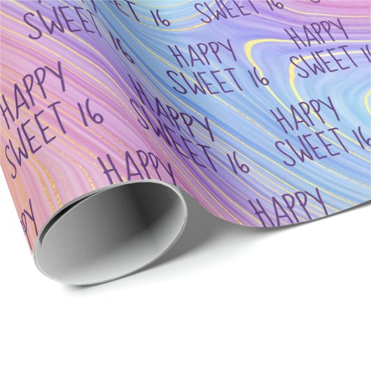 Papier Cadeau Pastel Rainbow Swirl Sweet 16 (Coin rond)
