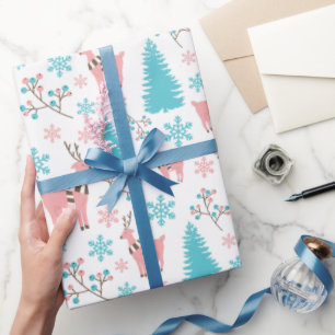Papier Cadeau Pastel Rose et Bleu Reindeer Wonderland Blanc
