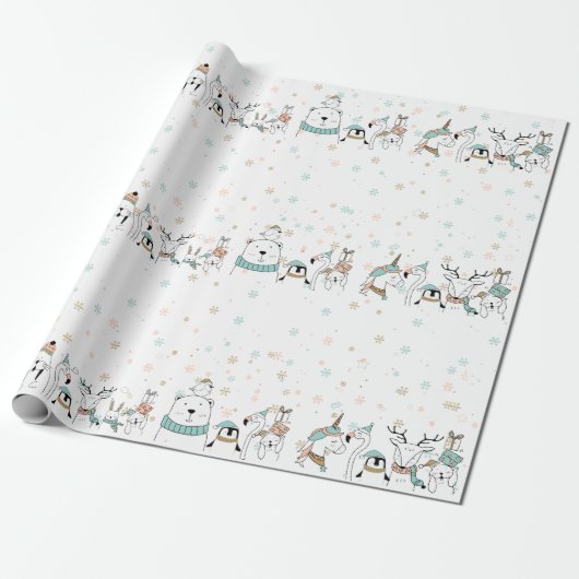 Papier Cadeau Pastel Snowflakes mignons Animaux de Noël (Déroulé)