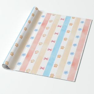 Papier Cadeau Pastel Stripe - Empreintes de pattes, Fleur Bleue,
