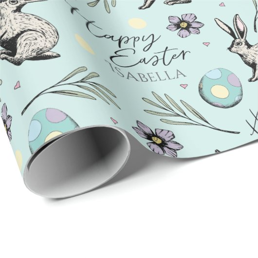 Papier Cadeau Pastel Turquoise Bleu Joyeux Bunnies Pâques (Coin rond)