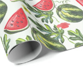 Papier Cadeau Pastèque Fruit, Tranches de Pastèque et Feuilles (Coin rond)