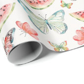 Papier Cadeau Pastèque verte rouge Papillons bleus Anniversaire (Coin rond)