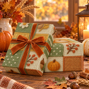 Papier Cadeau Patchwork Automnal Citrouille Orange Chaud Rustiqu