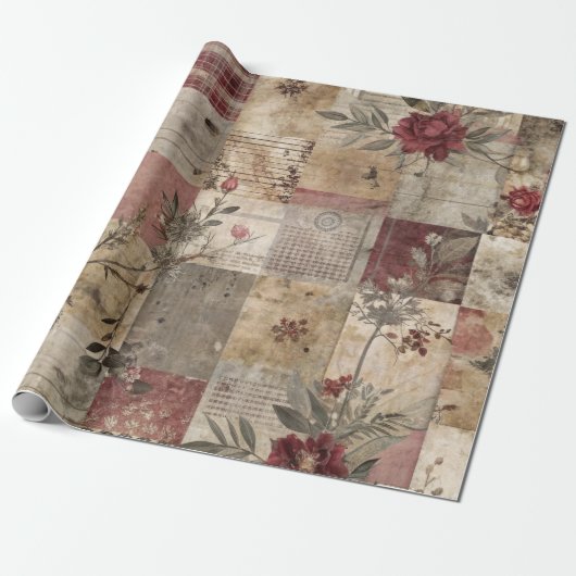 Papier Cadeau Patchwork Botanique Rustique Vintage (Déroulé)