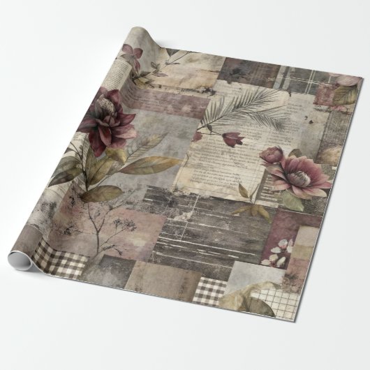 Papier Cadeau Patchwork Botanique Vintage Rustique (1) (Déroulé)
