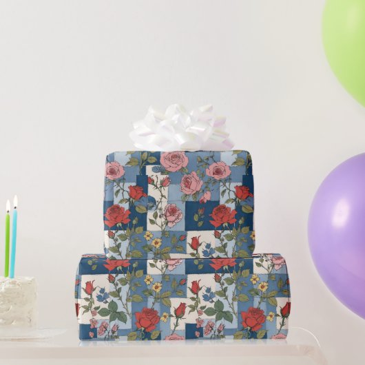 Papier Cadeau Patchwork de Denim et fleurs Roses (Cadeaux de fête)