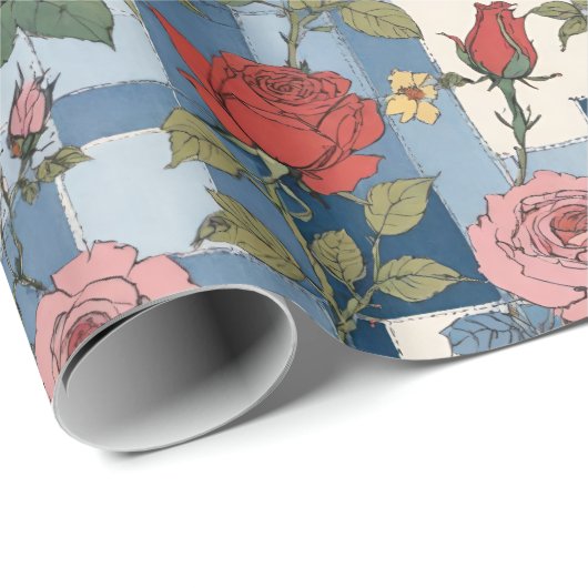 Papier Cadeau Patchwork de Denim et fleurs Roses (Coin rond)