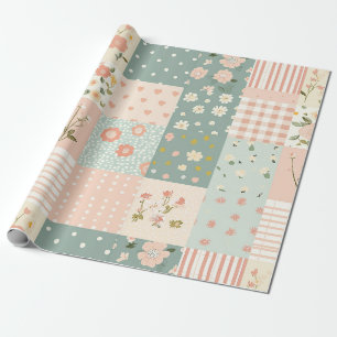 Papier Cadeau Patchwork de jardin vintage en rose poussiéreux et