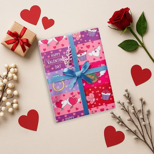 Papier Cadeau Patchwork de la Saint-Valentin Rose ludique