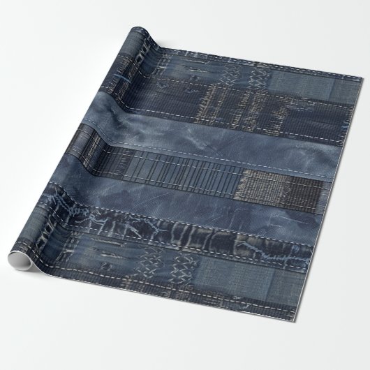 Papier Cadeau Patchwork en Denim Indigo Rustique (Déroulé)