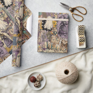 Papier Cadeau Patchwork ensorcelé en violet et bleu, cadeaux uni