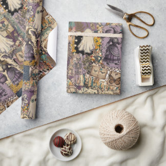Papier Cadeau Patchwork ensorcelé en violet et bleu, cadeaux uni