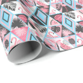 Papier Cadeau Patchwork flamingo tropical, motif de palmier. (Coin rond)