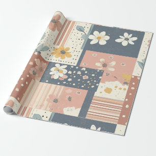 Papier Cadeau Patchwork floral bohème en terre cuite et sauge
