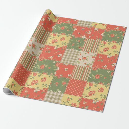 Papier Cadeau Patchwork Gingham Floral Aspect Maison de Campagne (Déroulé)