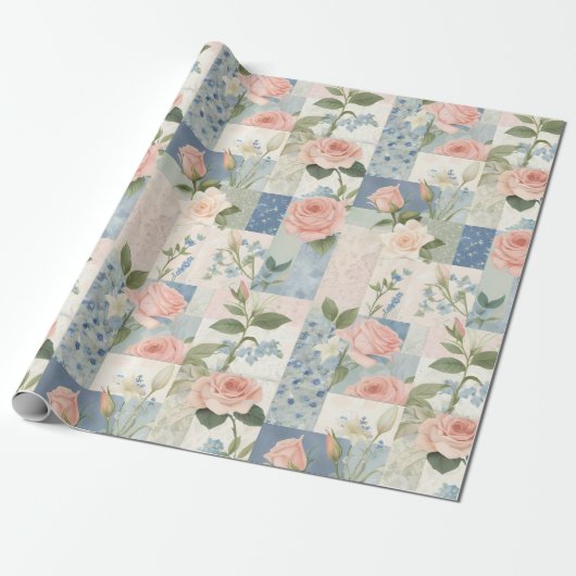 Papier Cadeau Patchwork Rose Et Bleu Fleur Doux Et Délicat (Déroulé)