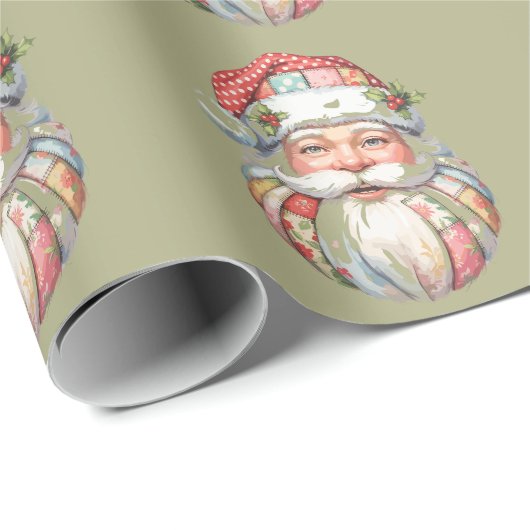 Papier Cadeau Patchwork Santa Claus Christmas Retro (Coin rond)