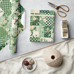 Papier Cadeau Patchwork vert antique géométrique à carreaux
