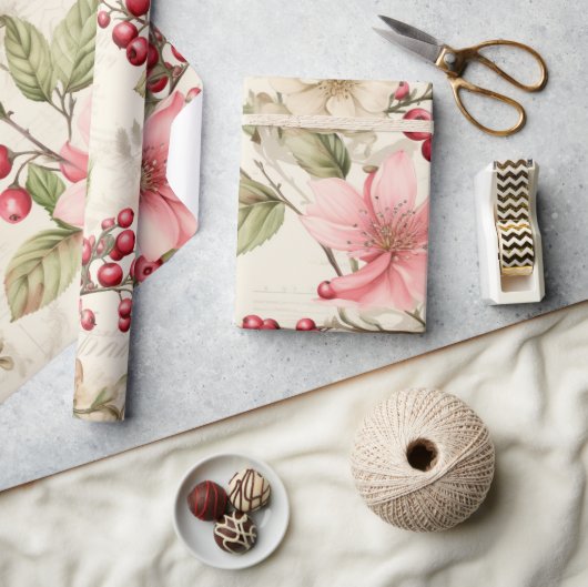 Papier Cadeau Patel Rouge Vert rose Poinsettia Noël (Artisanat)