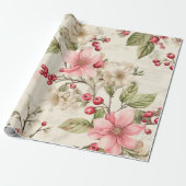 Papier Cadeau Patel Rouge Vert rose Poinsettia Noël (Déroulé)