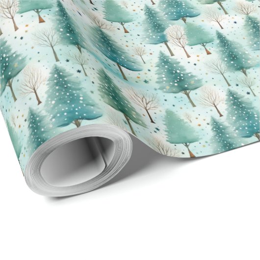 Papier Cadeau Pâtes douces vert sapins forêt d'hiver (Coin rond)