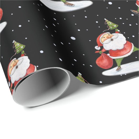 Papier Cadeau Patinage Père Noël Cute Noël aquarelle dessin (Coin rond)