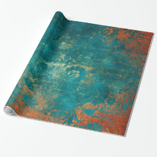 Papier Cadeau Patine de cuivre grunge et damas turquoise