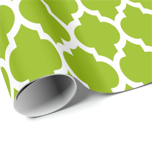 Papier Cadeau Pattern Apple Green White Moroccan Quatrefoil (Coin rond)