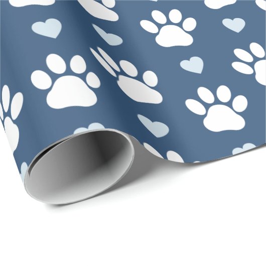 Papier Cadeau Pattern of paws, Dog paws, White paws, Blue Hearts (Coin rond)