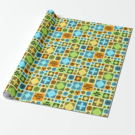 Papier Cadeau Patterned Tiles Birthday Add The Text Orange Green (Déroulé)