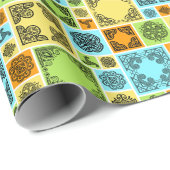 Papier Cadeau Patterned Tiles Birthday Add The Text Orange Green (Coin rond)