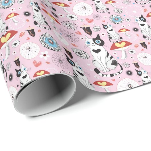 Papier Cadeau patternes of cats and flowerwer (Coin rond)