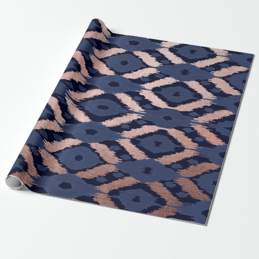 Papier Cadeau Patters de Bohemian Rose Gold Navy Blue Ikat (Déroulé)