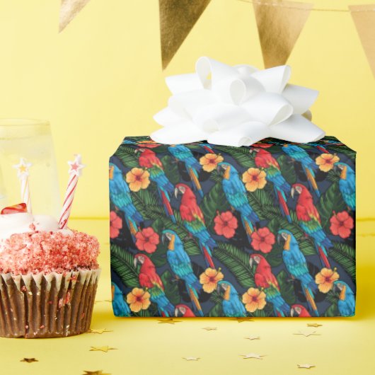Papier Cadeau Patters de Macaw et Hibiscus (Fête d'anniversaire)