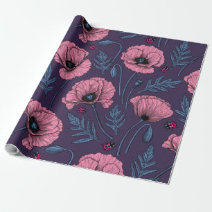 Papier Cadeau Pavot rose sur violet foncé