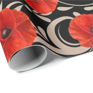 Papier Cadeau Pavot Rouge Fleur Noir Blanc Glam Métallo