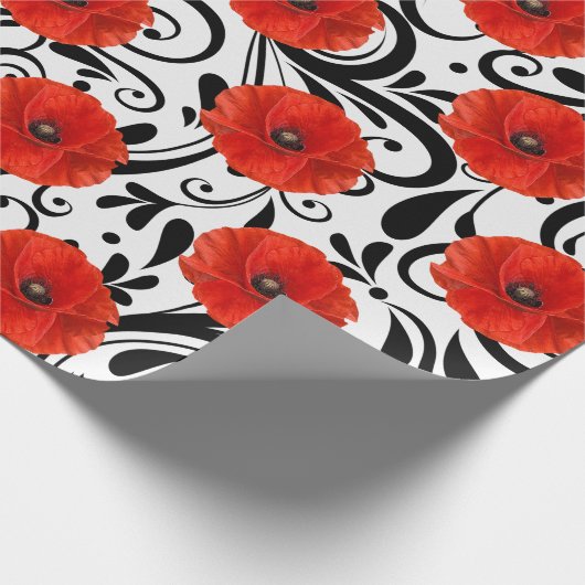 Papier Cadeau Pavot Rouge Fleur Noir Blanc Glam Stripes Chic (Coin)