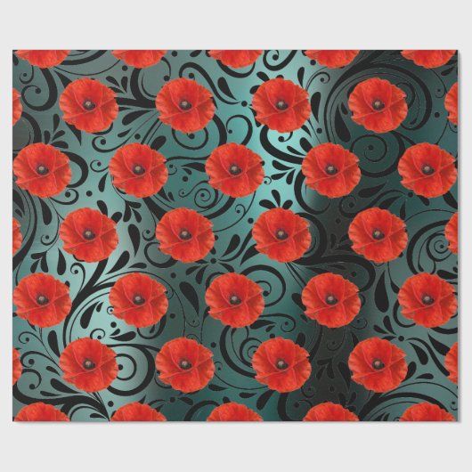Papier Cadeau Pavot Rouge Fleur Noir Glam Stripes Turquoise (Plat)