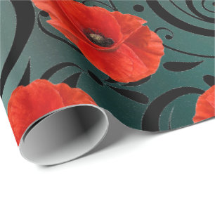 Papier Cadeau Pavot Rouge Fleur Noir Glam Stripes Turquoise