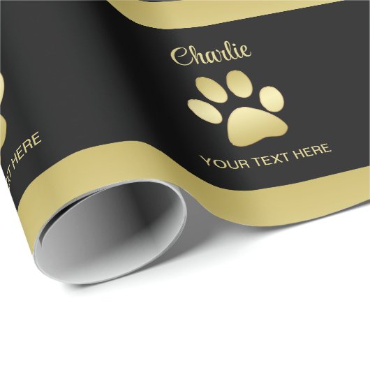 Papier Cadeau Paw chien brillant or sur arrière - plan noir (Coin rond)